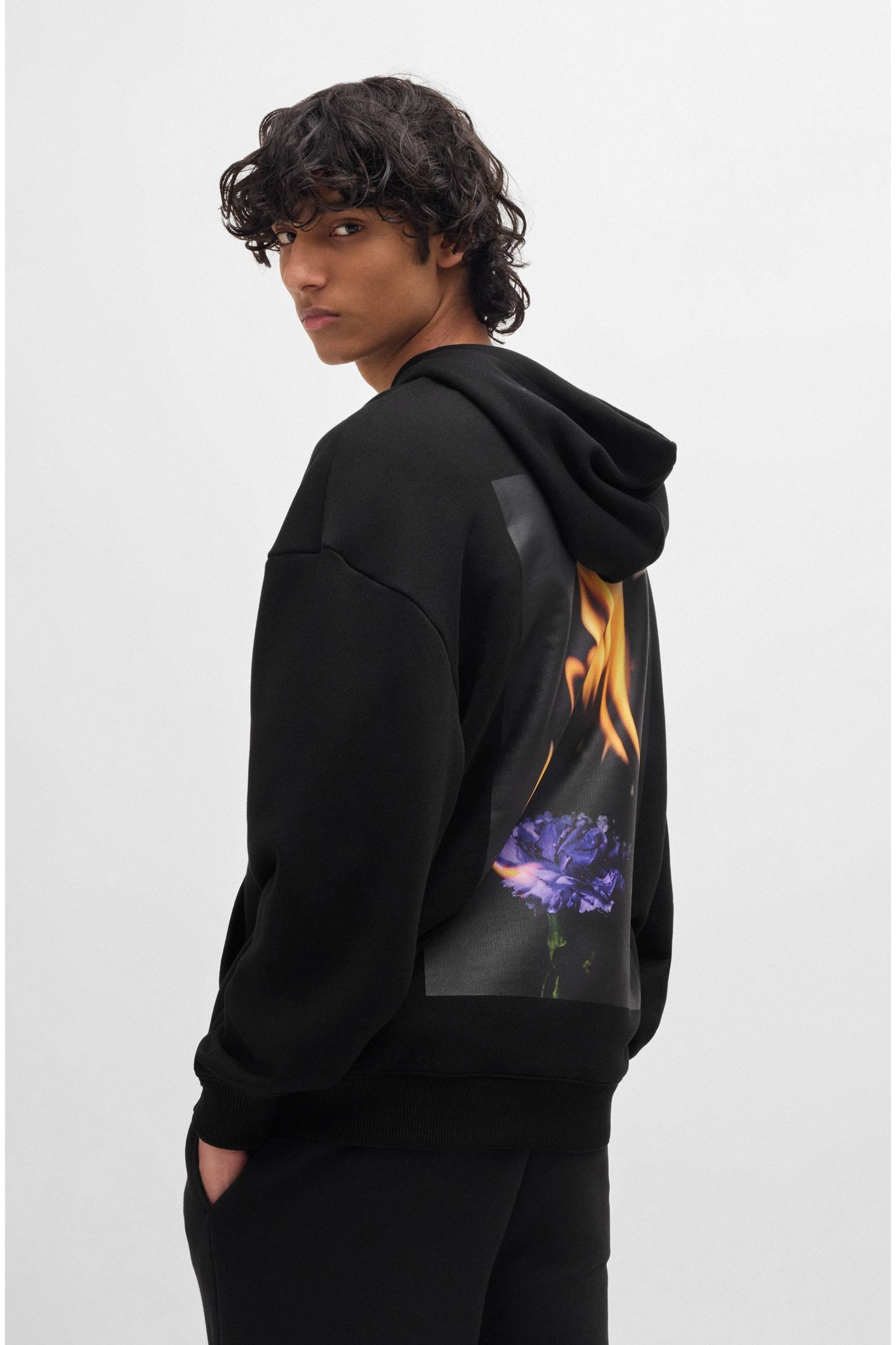 Buy HUGO Black Cotton Blend Hoodie With Flame Floral Artwork from the Next UK online shop