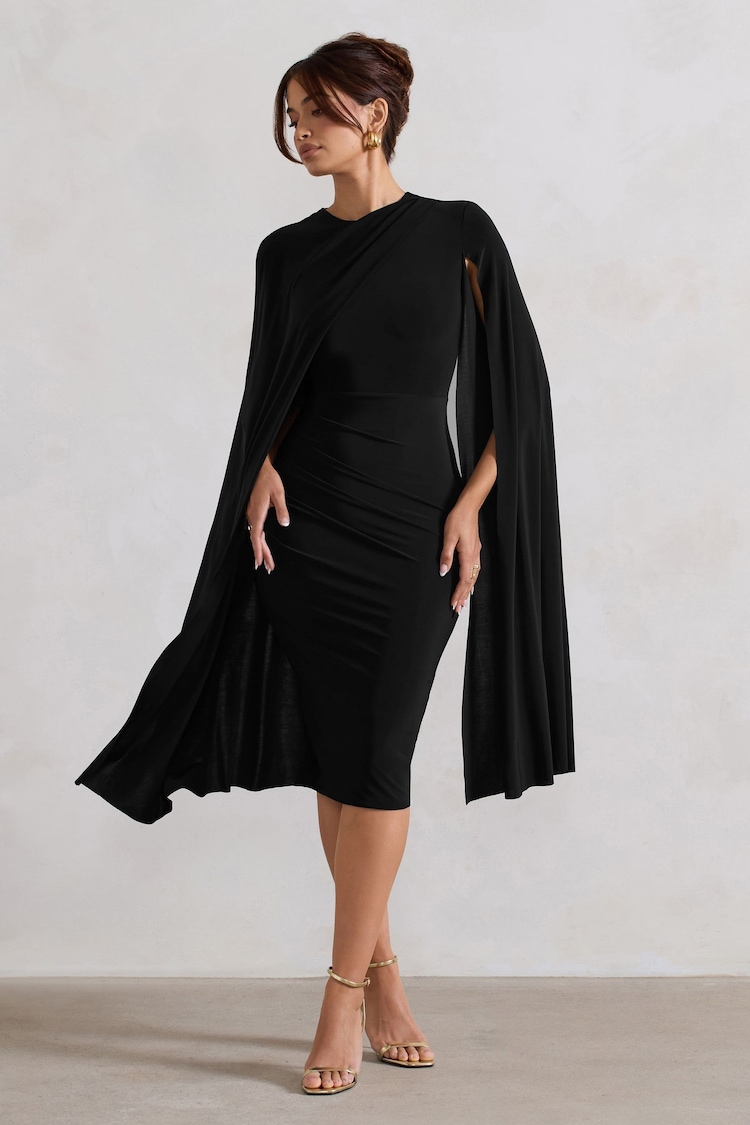 Club L London Black Marysol Asymetric Cape Midi Dress - Image 2 of 5