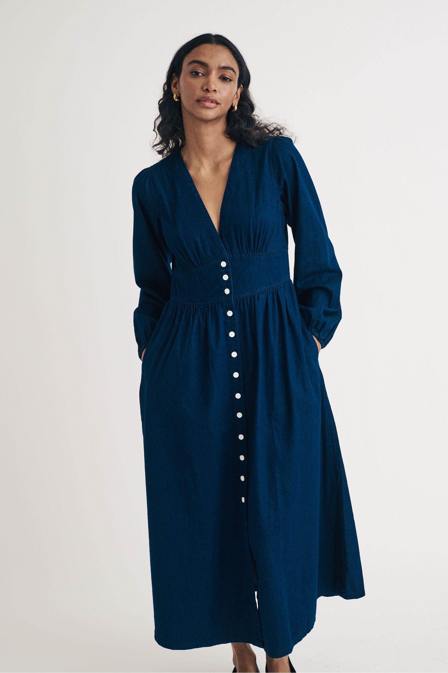 Buy Nobodys Child Blue Nobodys Child Blue Long Sleeve Denim Starlight Plain 100 Organic Cotton Midi Dress from the Next UK online shop