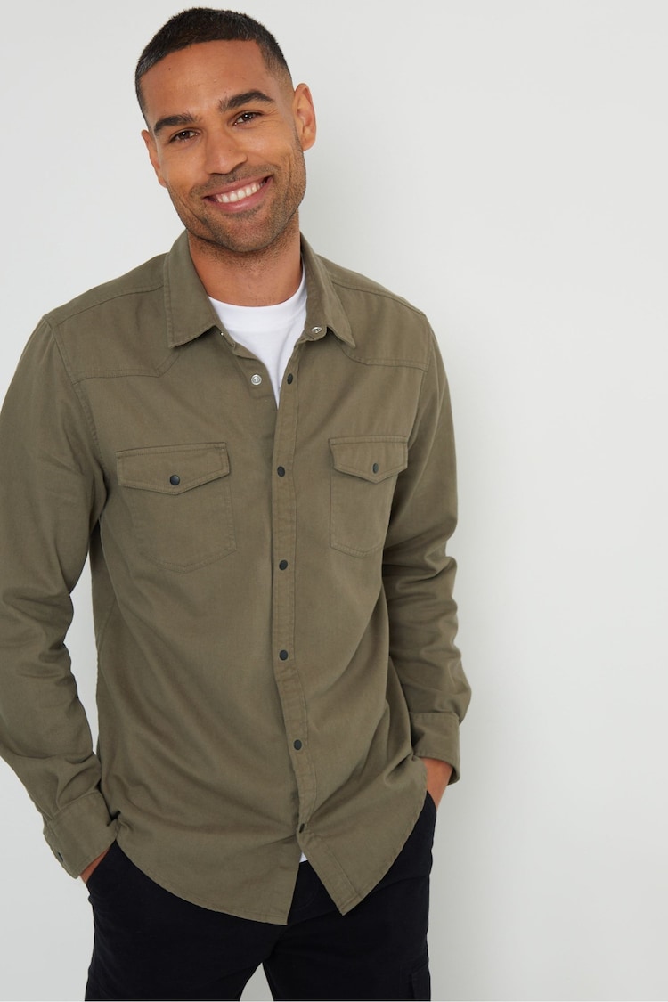 Threadbare Khaki Popper Closure Long Sleeve 100% Cotton Shirt - Image 1 of 4