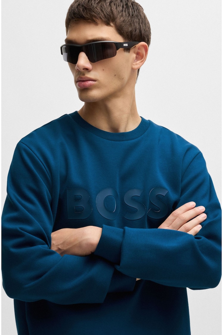 BOSS Blue Sandwich Logo Sweatshirt In Stretch Cotton - Image 2 of 5