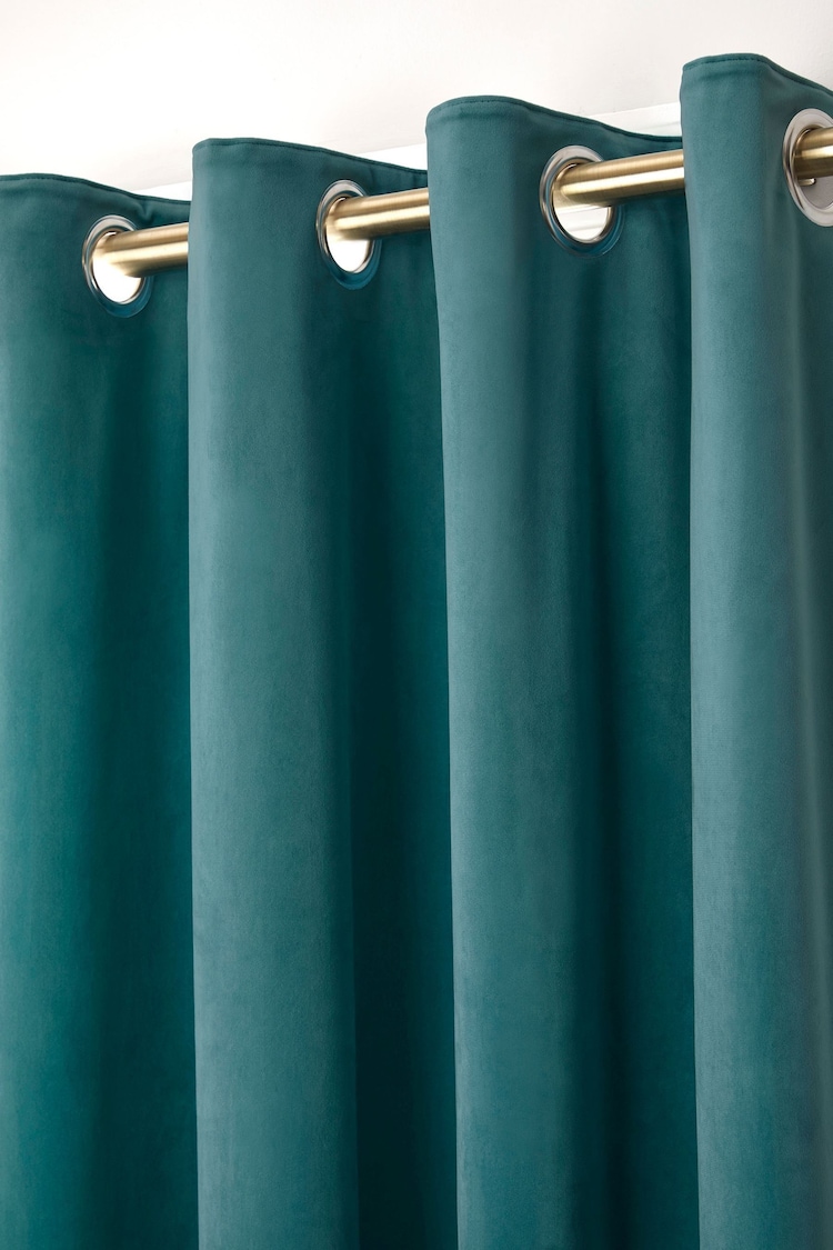 Laurence Llewelyn-Bowen Teal Montrose Velvet Blackout Thermal Eyelet Curtains - Image 2 of 3