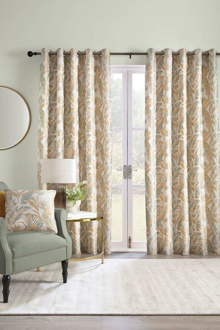 Laurence Llewelyn-Bowen Duck Egg Paradise Palm Jacquard Pair of Eyelet Curtains - Image 1 of 3