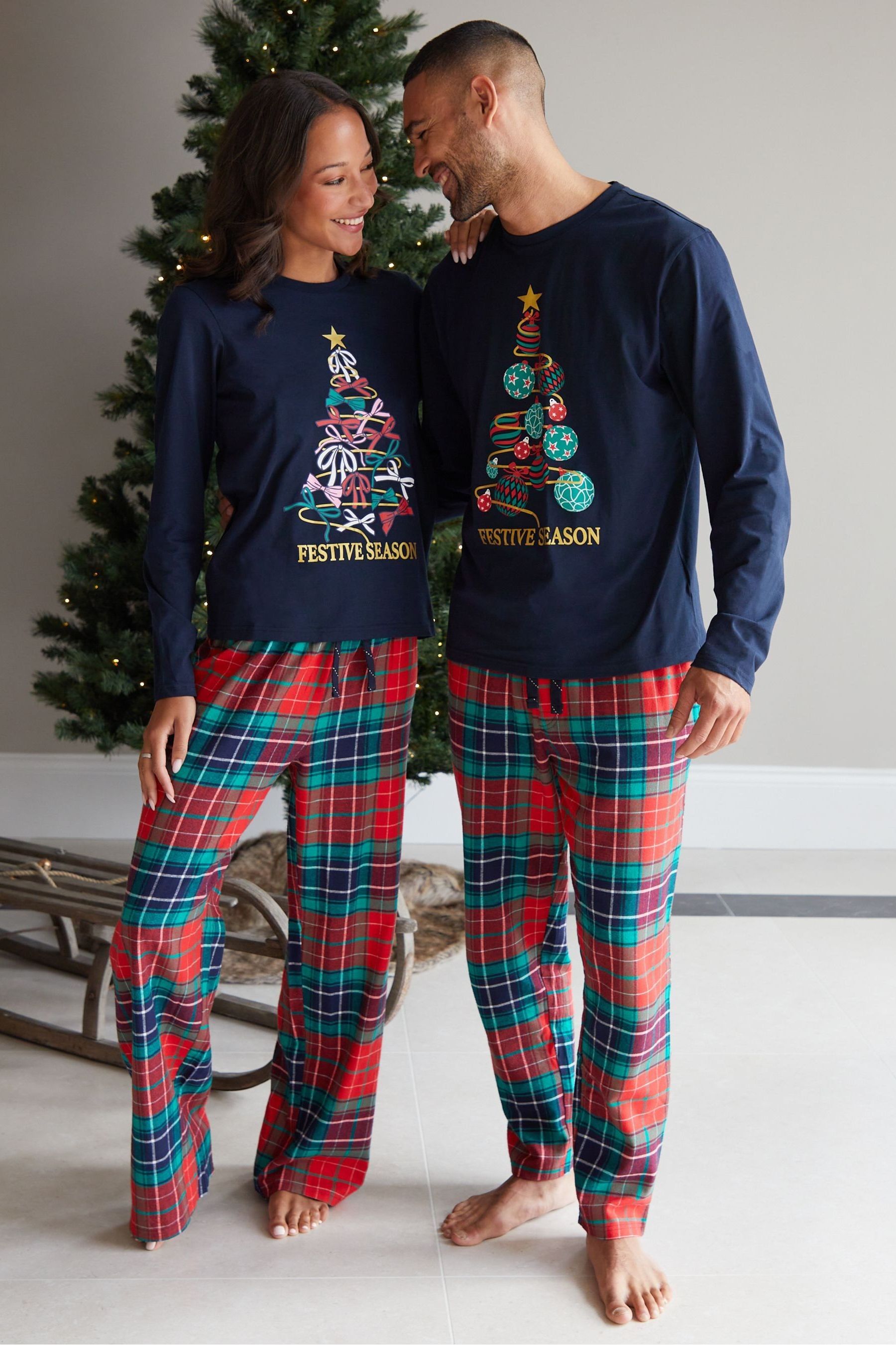 Threadbare Blue 100 Cotton Long Sleeve Christmas Check Pyjamas Set 10 Womens