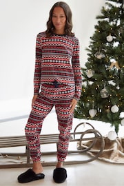 Threadbare Red 100% Cotton Long Sleeve Christmas Fairisle Pyjamas Set - Image 3 of 5