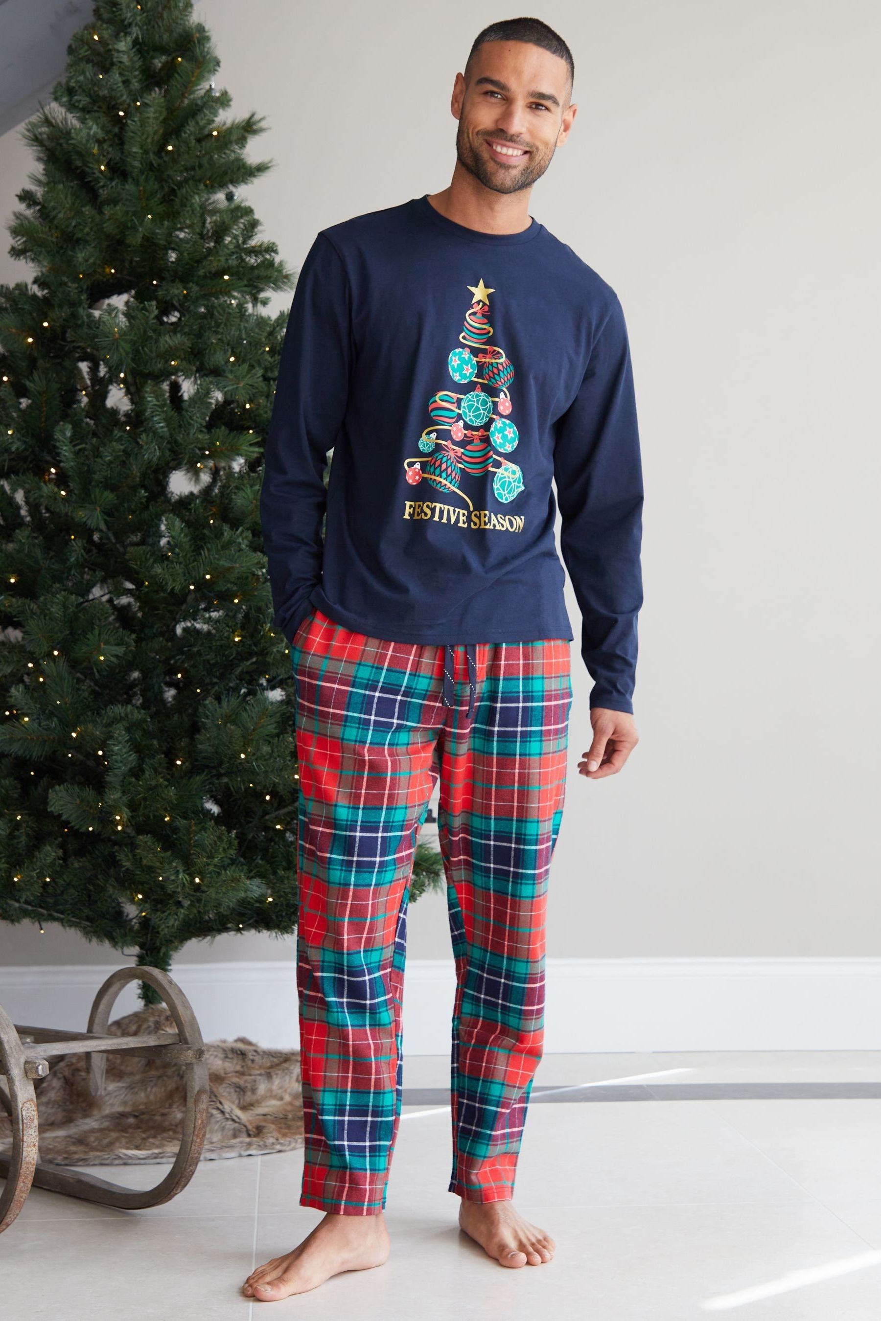 Buy Threadbare Blue Cotton Long Sleeves Check Christmas 100 Cotton Pyjamas Set from the Next UK online shop