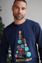 Threadbare Blue Cotton Long Sleeves Check Christmas 100% Cotton Pyjamas Set - Image 5 of 5