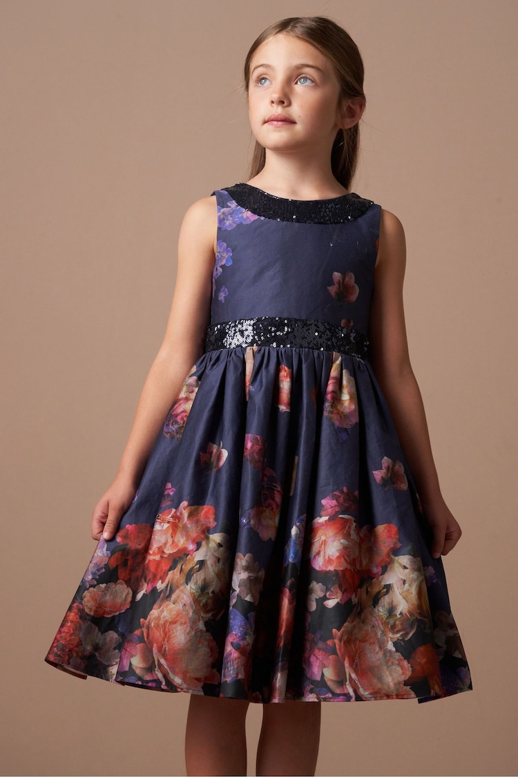 Angel & Rocket Blue Border Print Sequin Bow Dress - Image 1 of 6