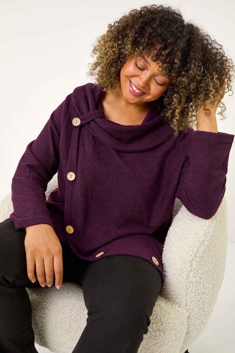 Roman Purple Curve Cowl Neck Button Wrap Top - Image 1 of 5