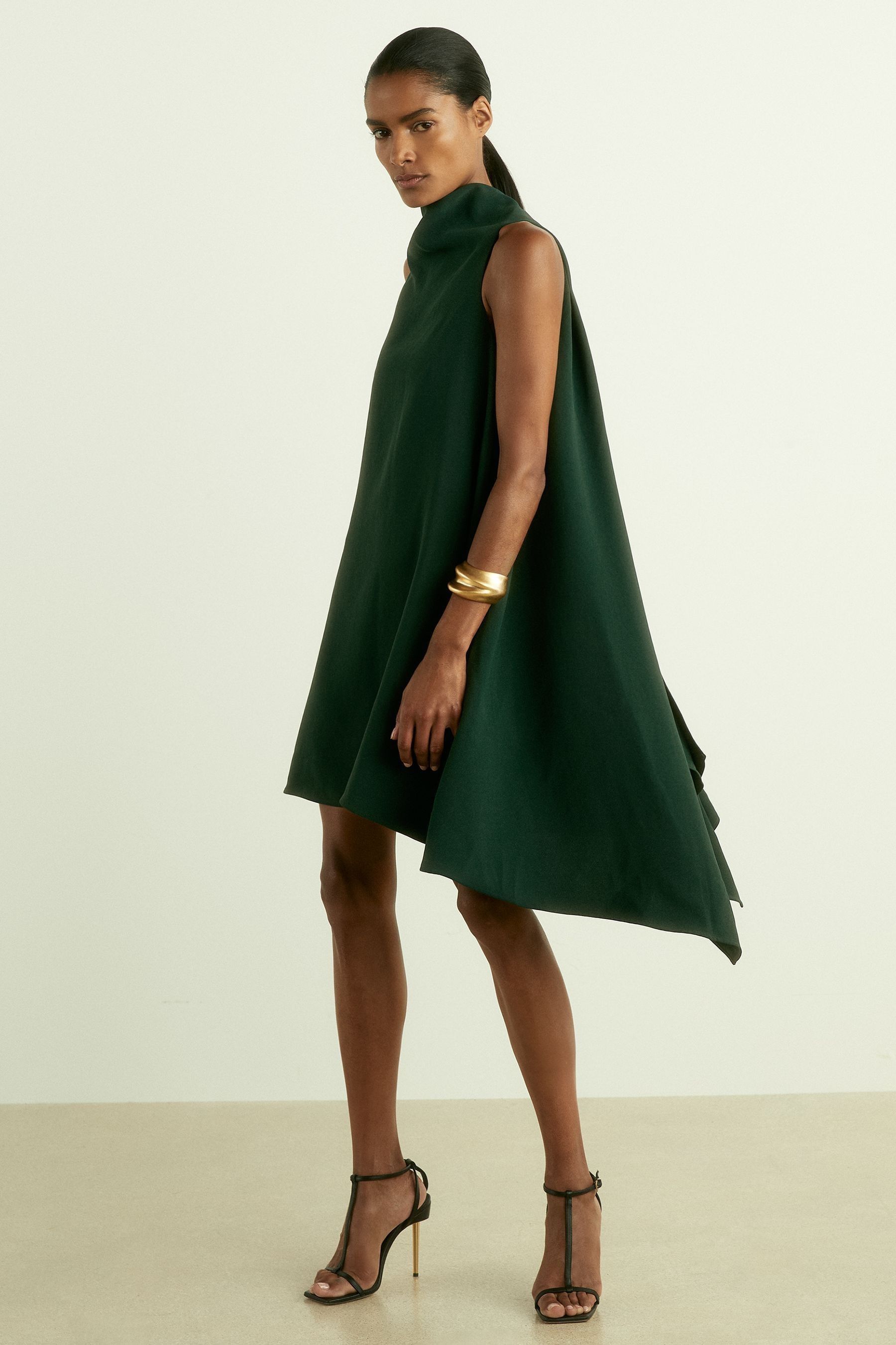 Reiss Green Shauna High Neck Drape Back Mini Dress