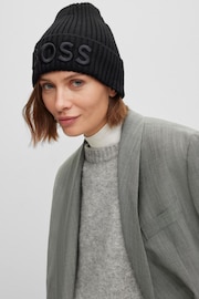 BOSS Black Embroidered Logo Beanie Hat in Virgin Wool - Image 2 of 4