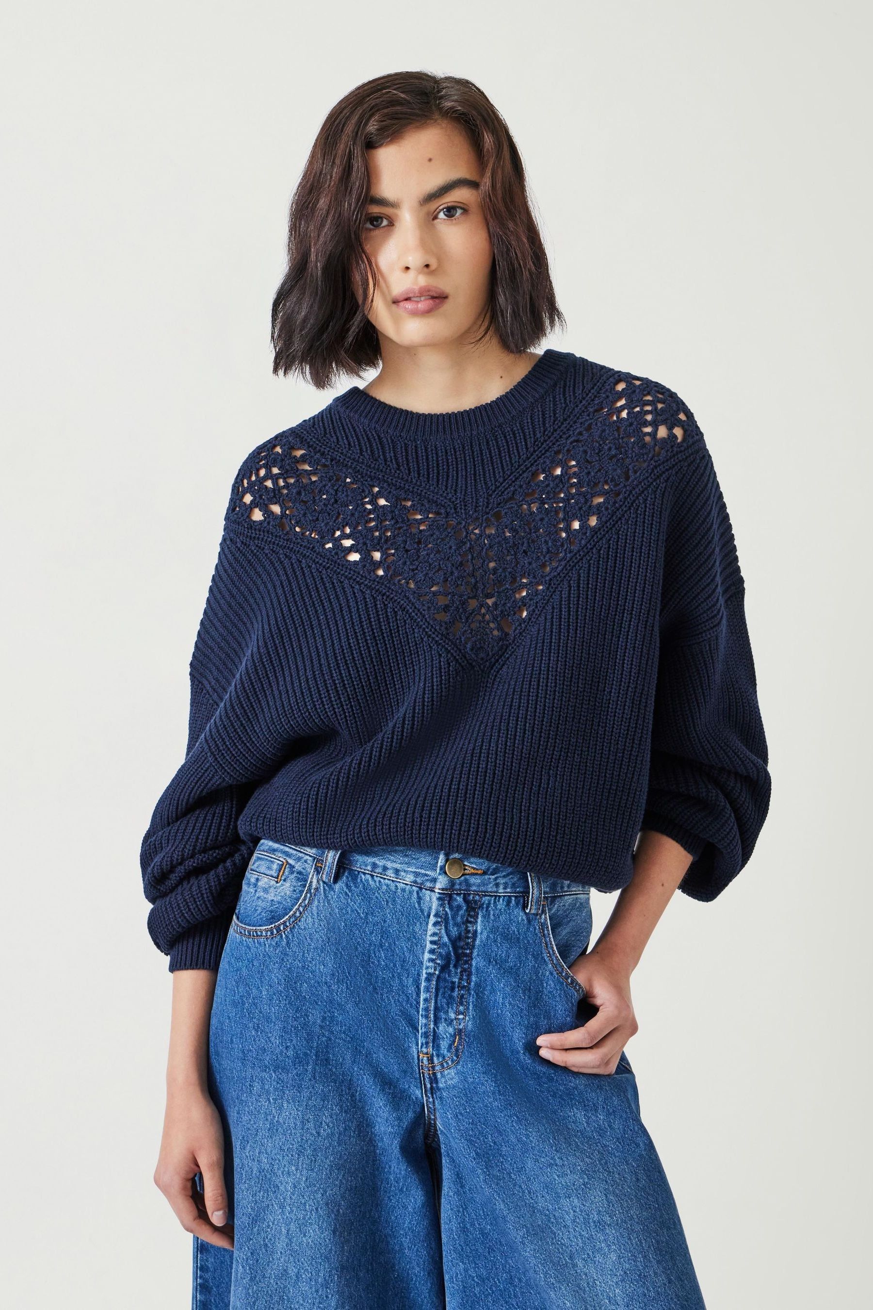Hush Blue Louise Lace Insert 100 Cotton Cropped Jumper