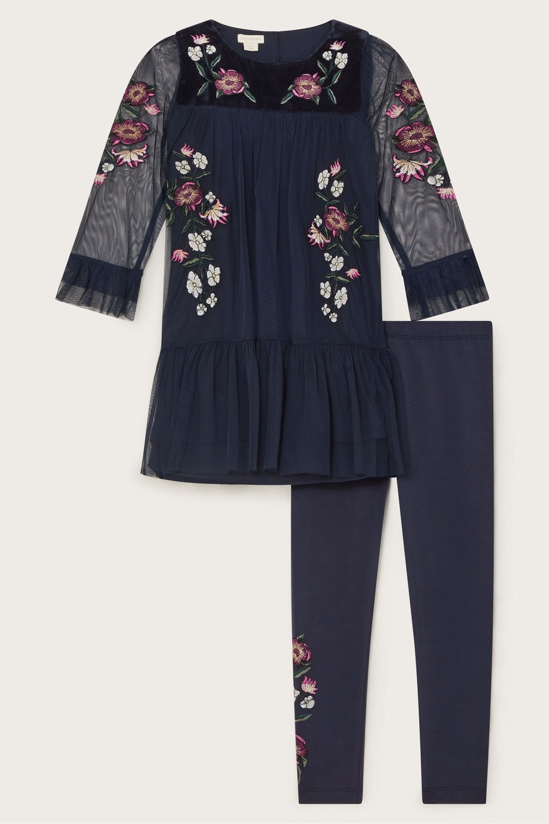 Buy Monsoon Blue Embroidered Mesh Tunic Top and Leggings Set from the Next UK online shop