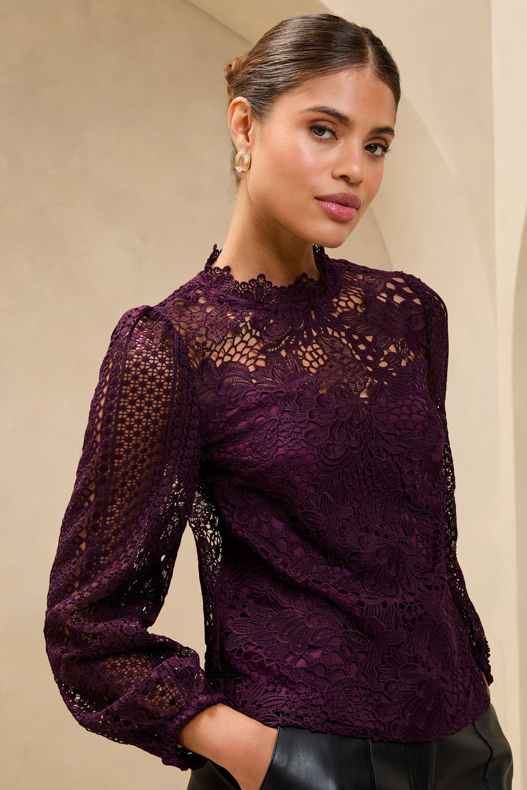Lipsy Burgundy Red Lace High Neck Blouson Blouse