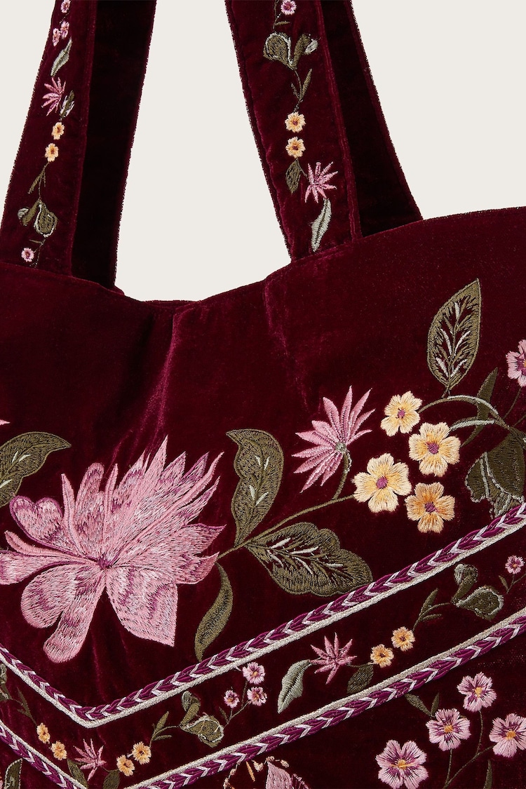 Monsoon Red Freya Embroidered Velvet Tote Bag - Image 3 of 3