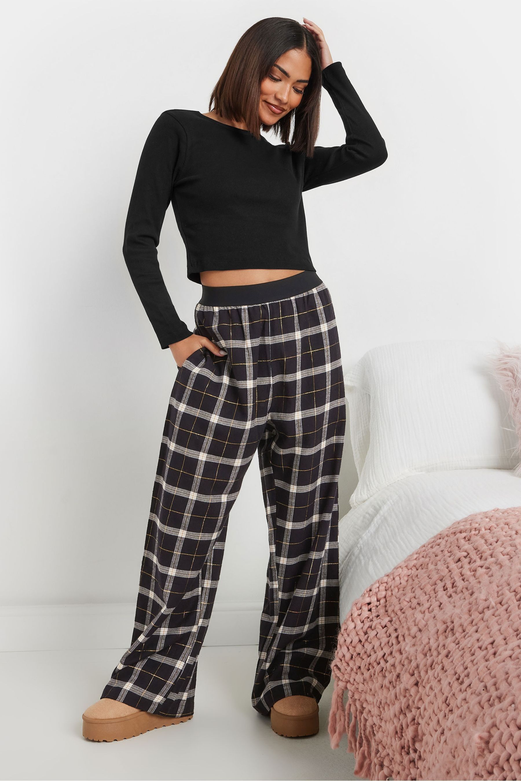 PixieGirl Petite Black Check Pyjamas Trousers