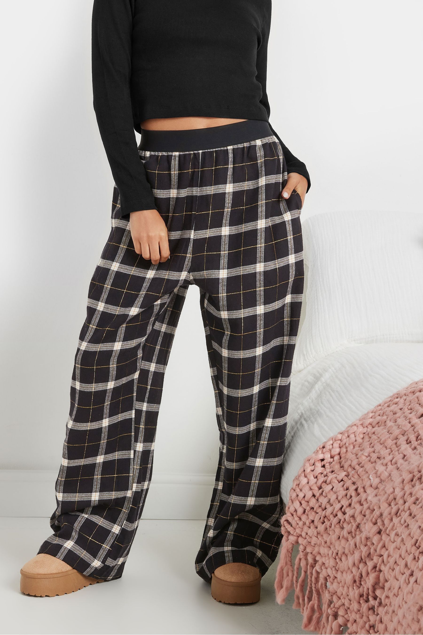 PixieGirl Petite Black 100 Cotton Check Pyjamas Trousers