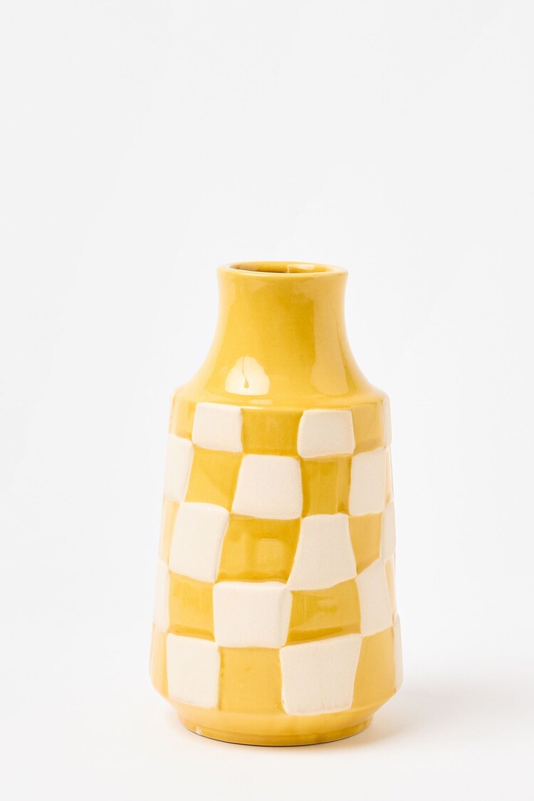 Oliver Bonas Yellow Pambo Chequerboard Ceramic Vase - Image 2 of 4