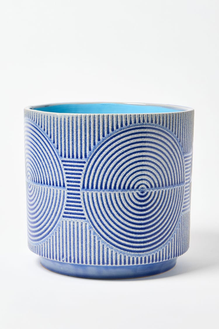 Oliver Bonas Blue Cerchio Embossed Ceramic Plant Pot Extra Large - Image 2 of 4