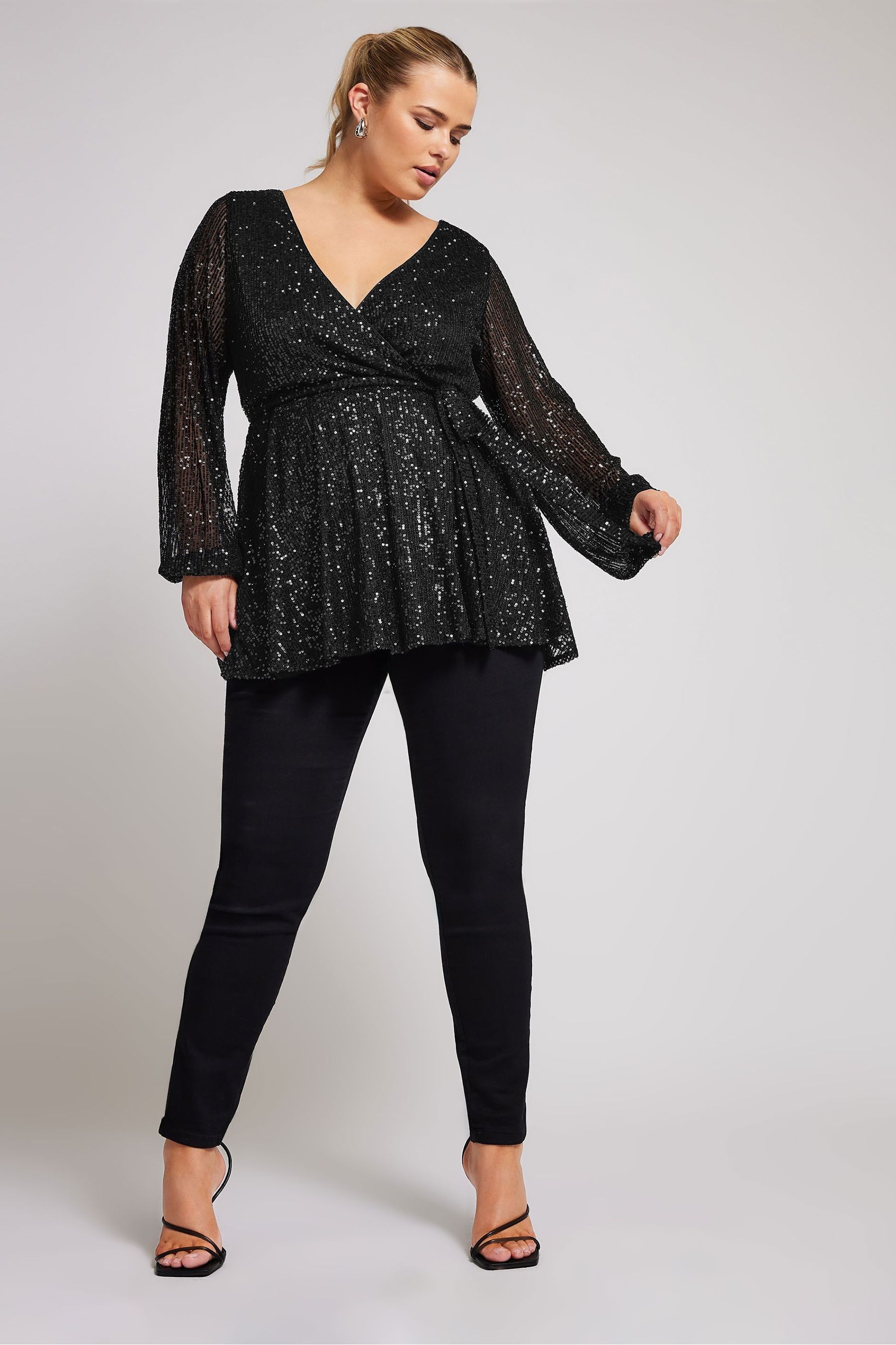 Buy Yours Curve Black London Sequin Long Sleeve Wrap Top from the Next UK online shop