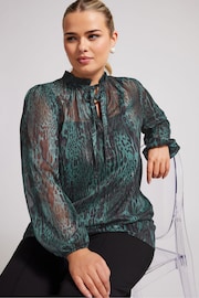 Yours Curve Green London Floral Ruffle Collar Blouse - Image 1 of 5