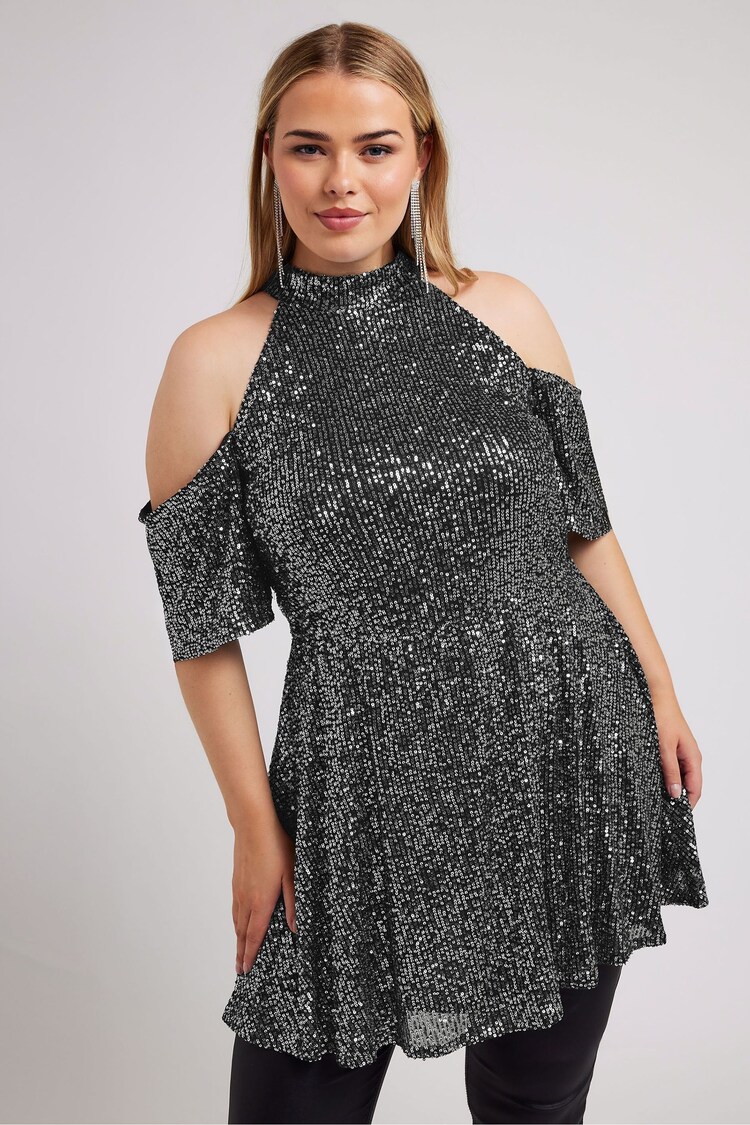 Yours Curve Silver London Sequin Choker Cold Shoulder Peplum Top - Image 1 of 5