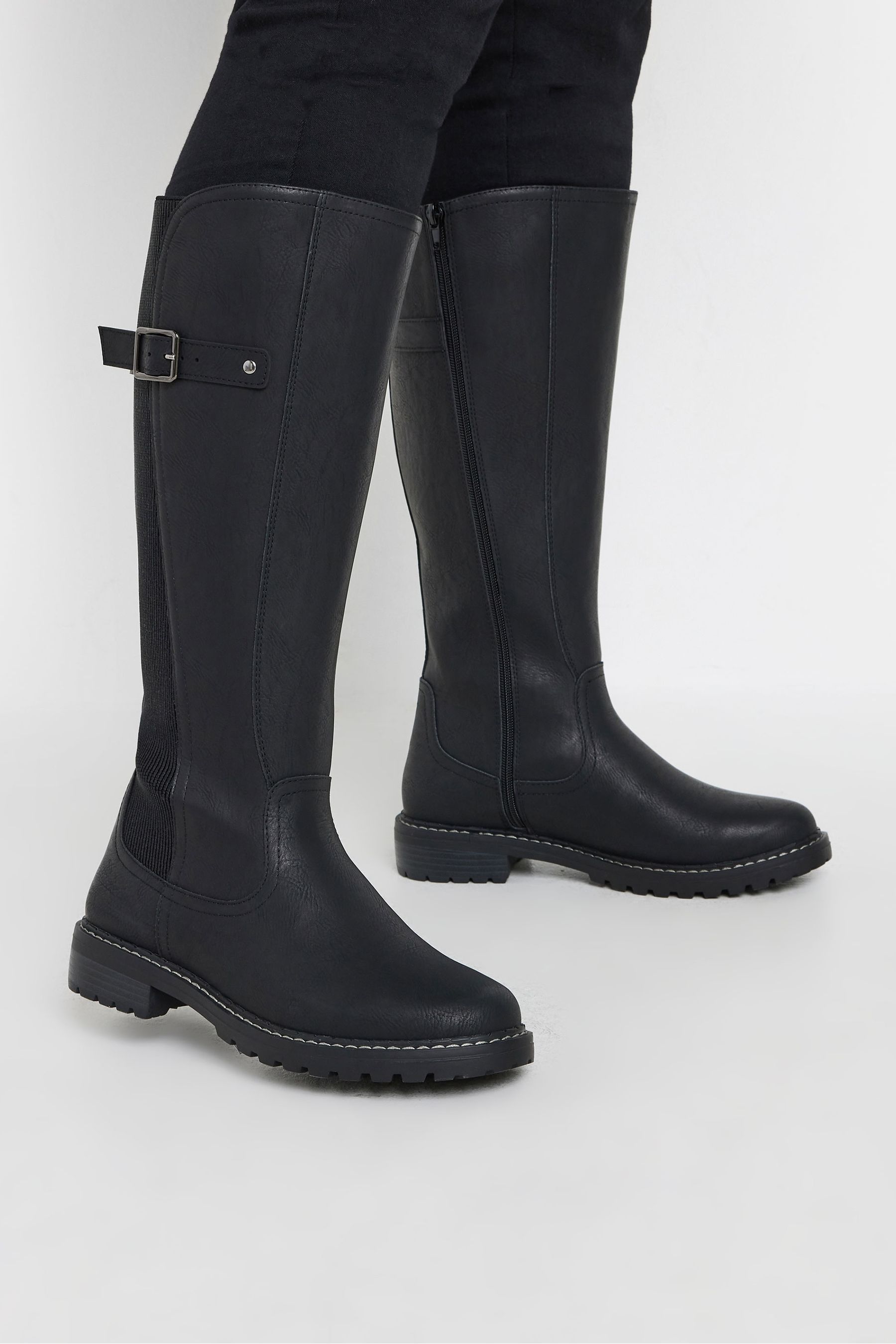 Buy Yours Curve Black Extra Wide Fit PU Cleated Stretch Knee High Boots from Next United Arab Emirates