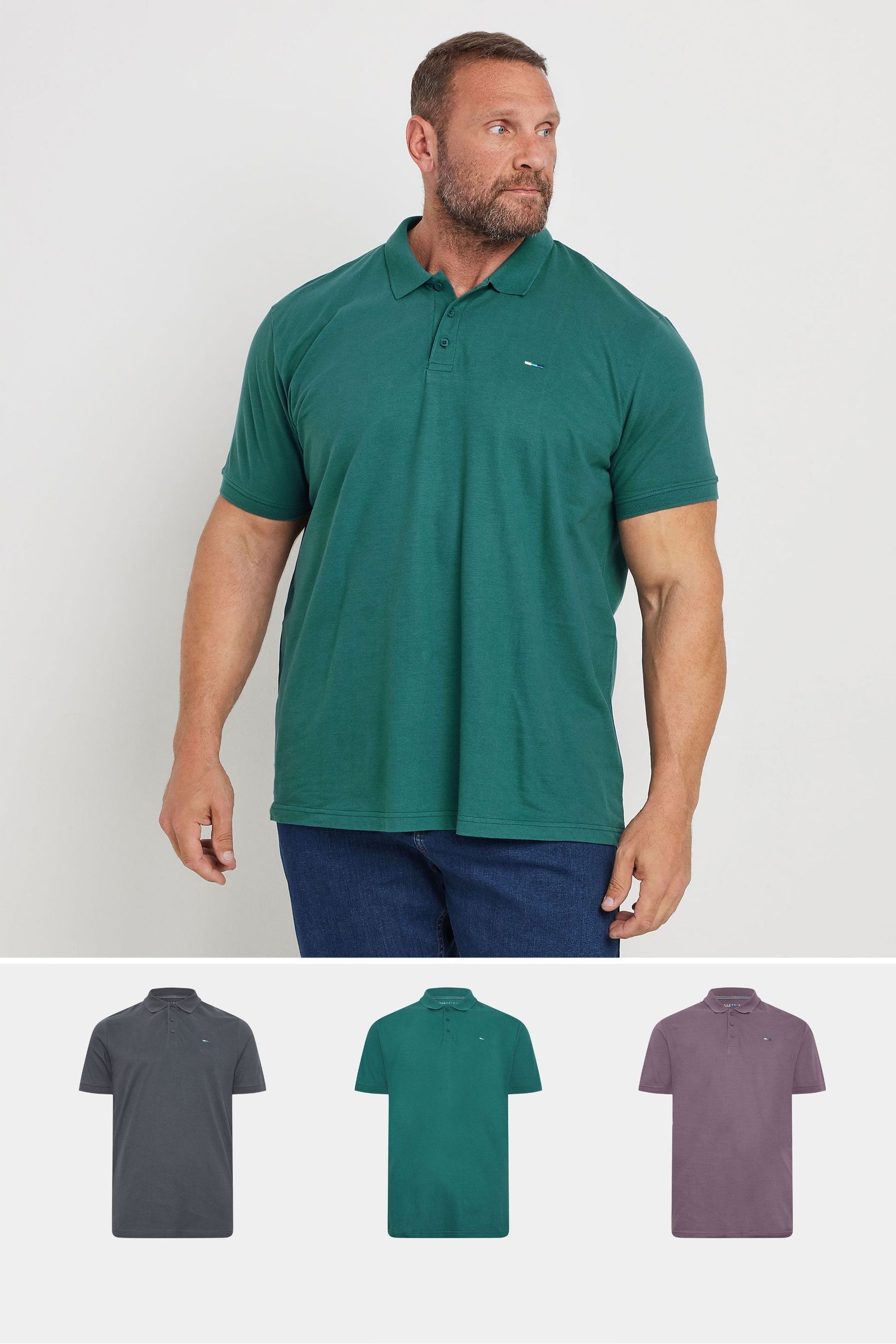 BadRhino Big Tall Purple 100 Cotton Long Plain Polo Shirts 3 Pack