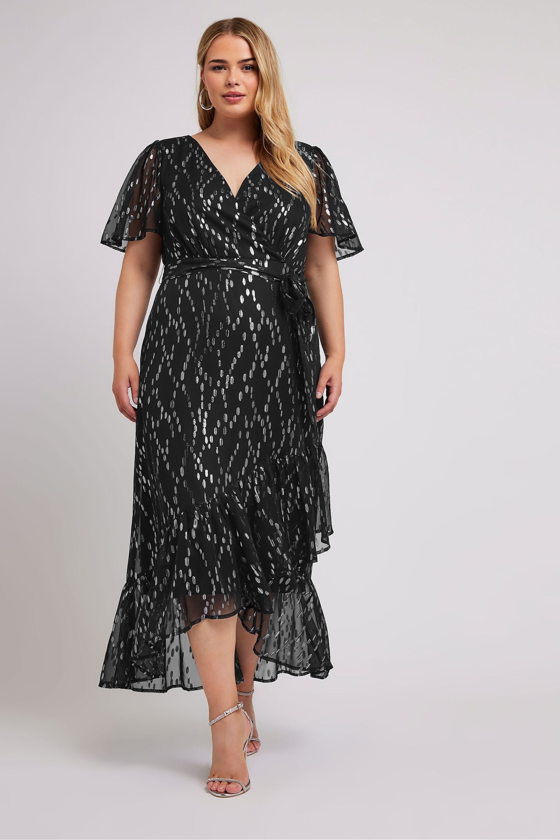 Buy Yours Curve Black Silver London Metallic Dobby Ruffle Wrap Dress from the Next UK online shop