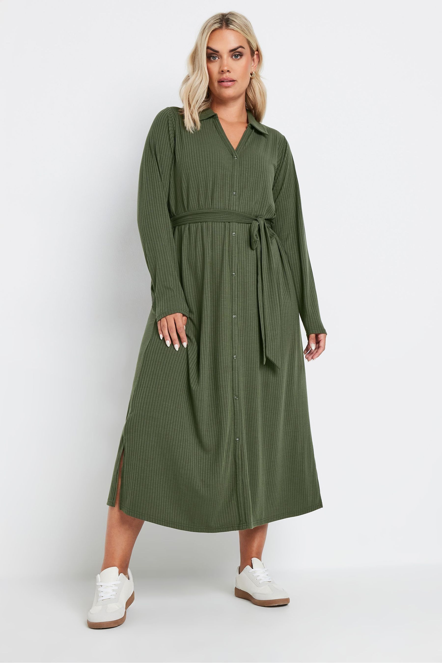 Yours Curve Green Rib Button Front A Line Dress