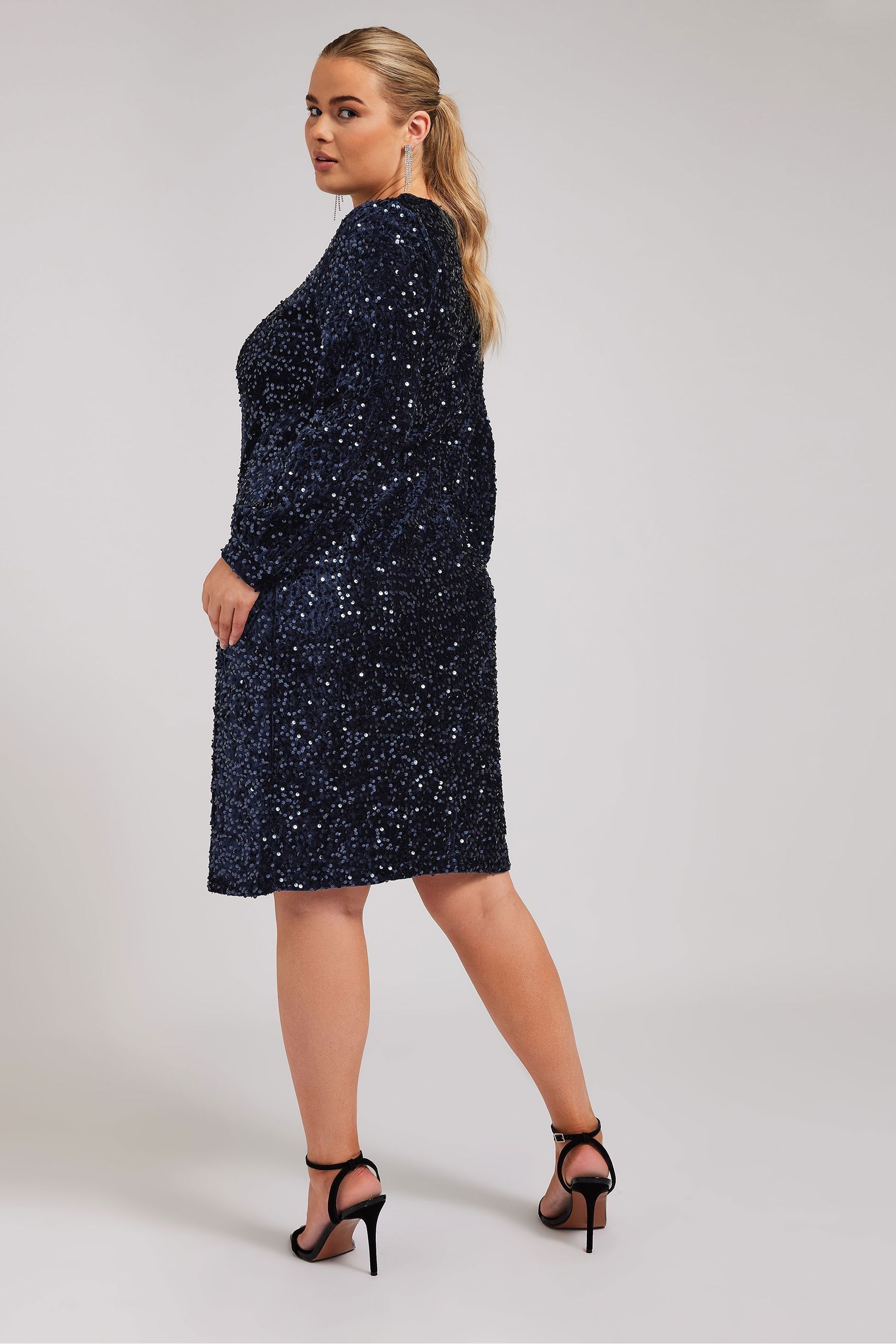 Buy Yours Curve Blue London Sequin Velvet Long Sleeve Shift Dress from the Next UK online shop