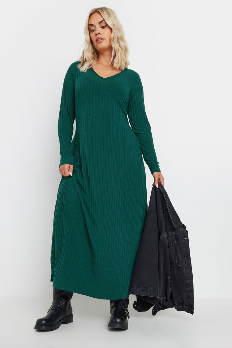 Yours Curve Green Flare Ribbed Dress - Image 2 of 5