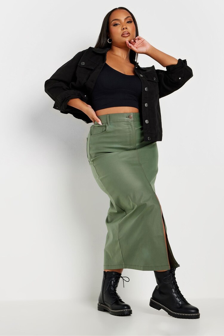 Yours Curve Green Coated Midaxi Front Slit Skirt - Image 2 of 6