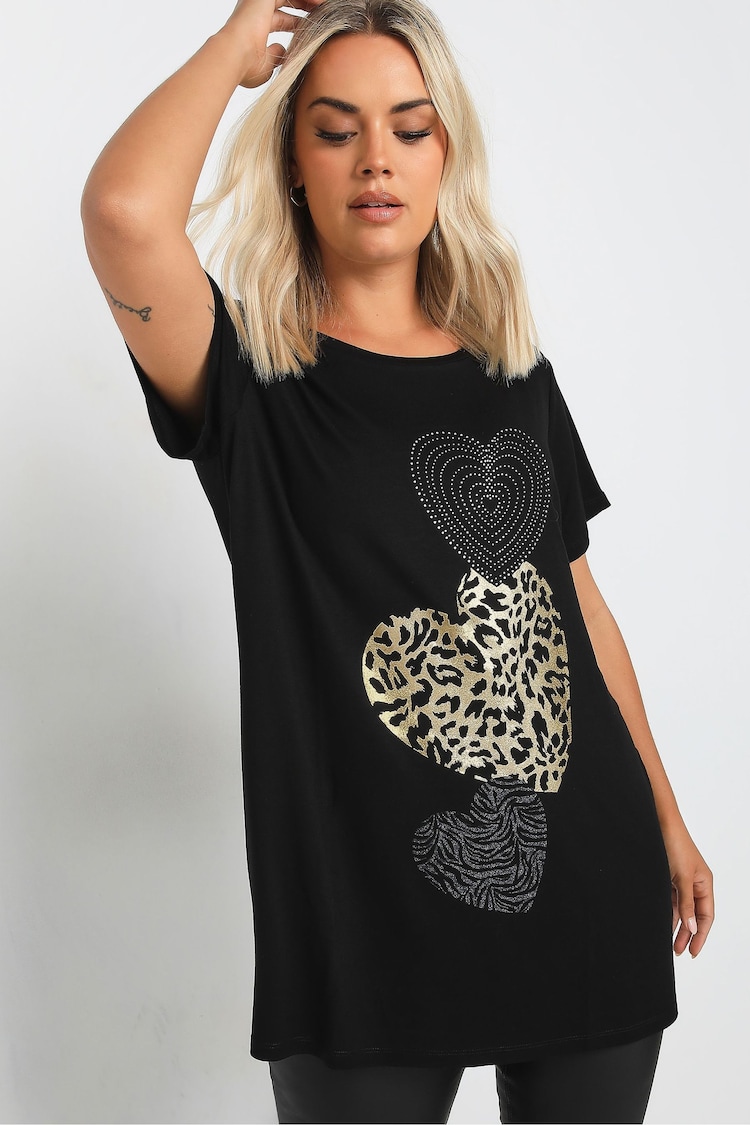 Yours Curve Black Glitter Heart T-Shirt - Image 1 of 5