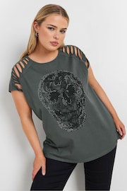 Yours Curve Grey Lace Skull 100% Cotton Laser Cut T-Shirt - Image 1 of 5