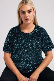 Yours Curve Blue London Sequin Velvet T-Shirt - Image 2 of 5