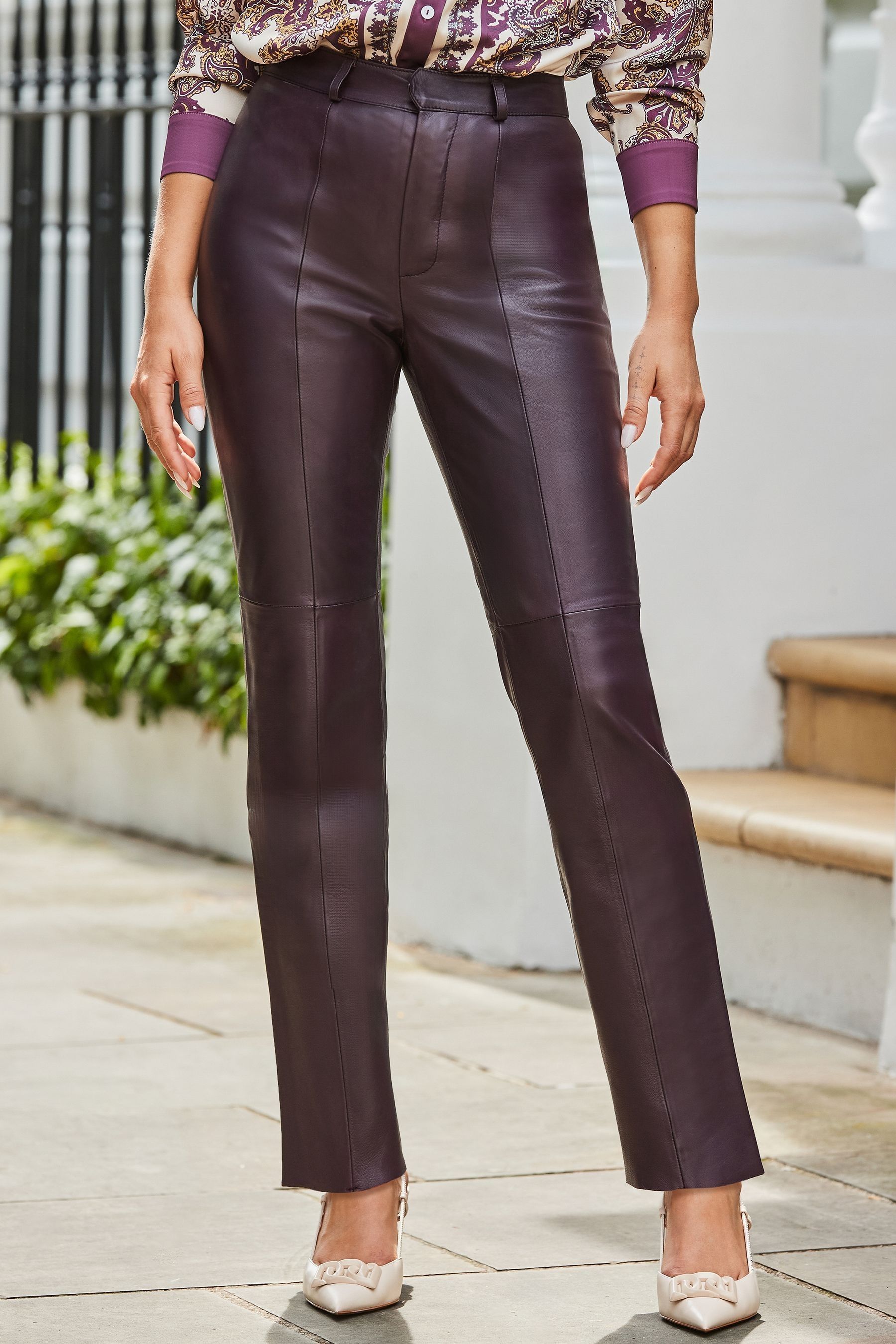 Buy Sosandar Red Seam Detail Straight Leg Leather Trousers from the Next UK online shop