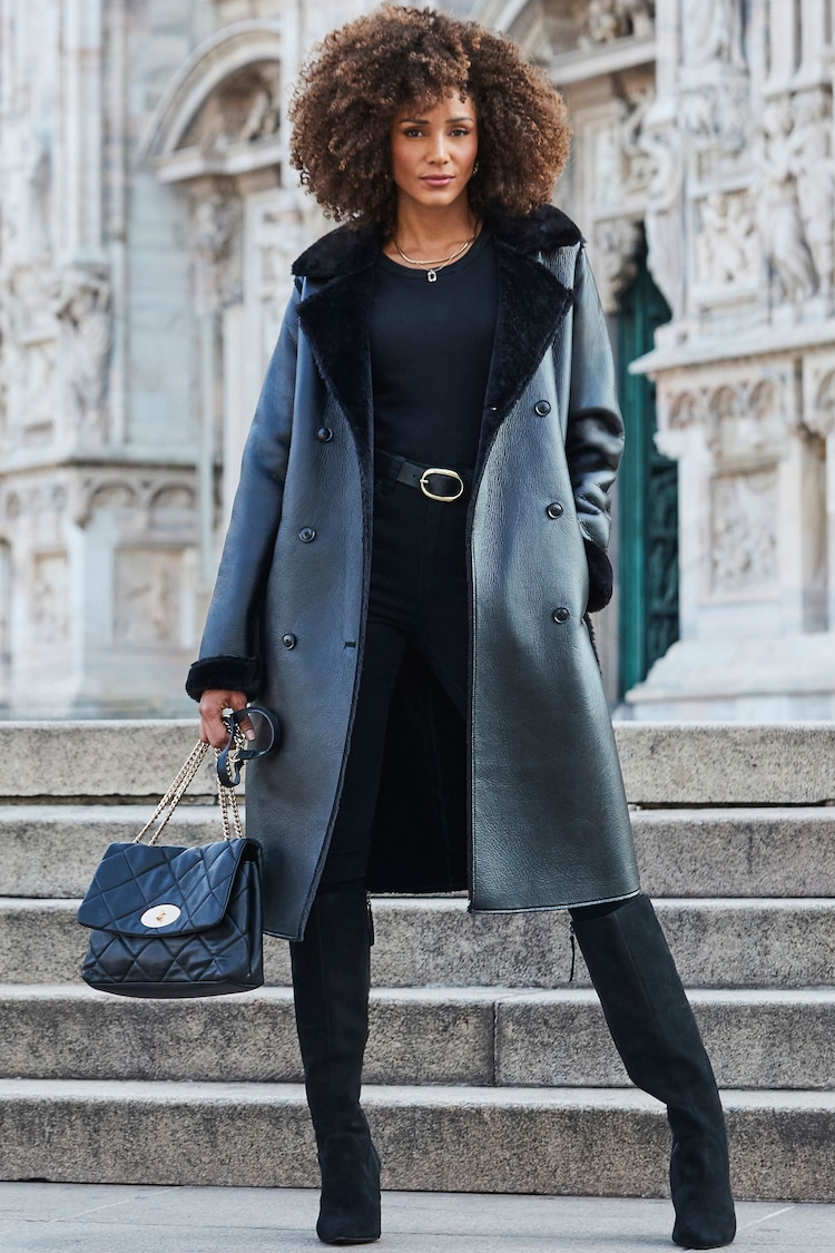 Sosandar Black Faux Shearling Belted Trench Coat - Image 2 of 5