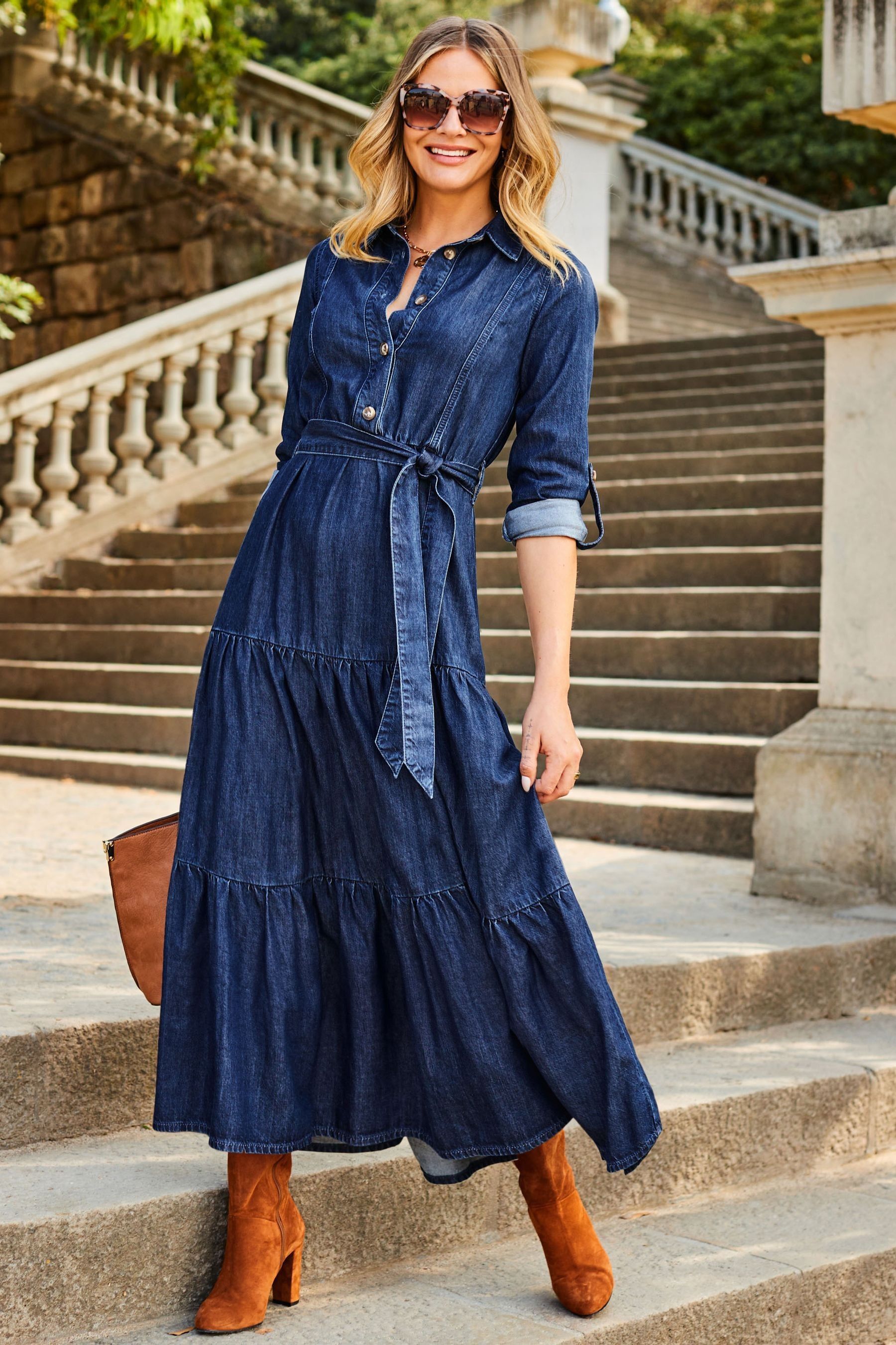 Buy Sosandar Blue Tiered Hem Denim Midi Dress from the Next UK online shop