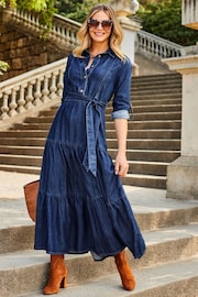 Sosandar Blue Tiered Hem Denim Midi Dress - Image 1 of 5