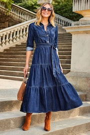 Sosandar Blue Tiered Hem Denim Midi Dress - Image 3 of 5