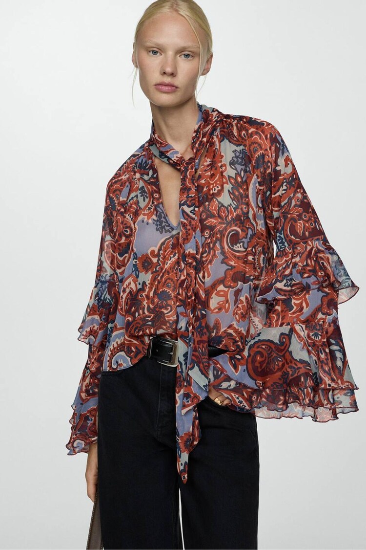 Mango Brown Ruffled Paisley Print Blouse - Image 2 of 6