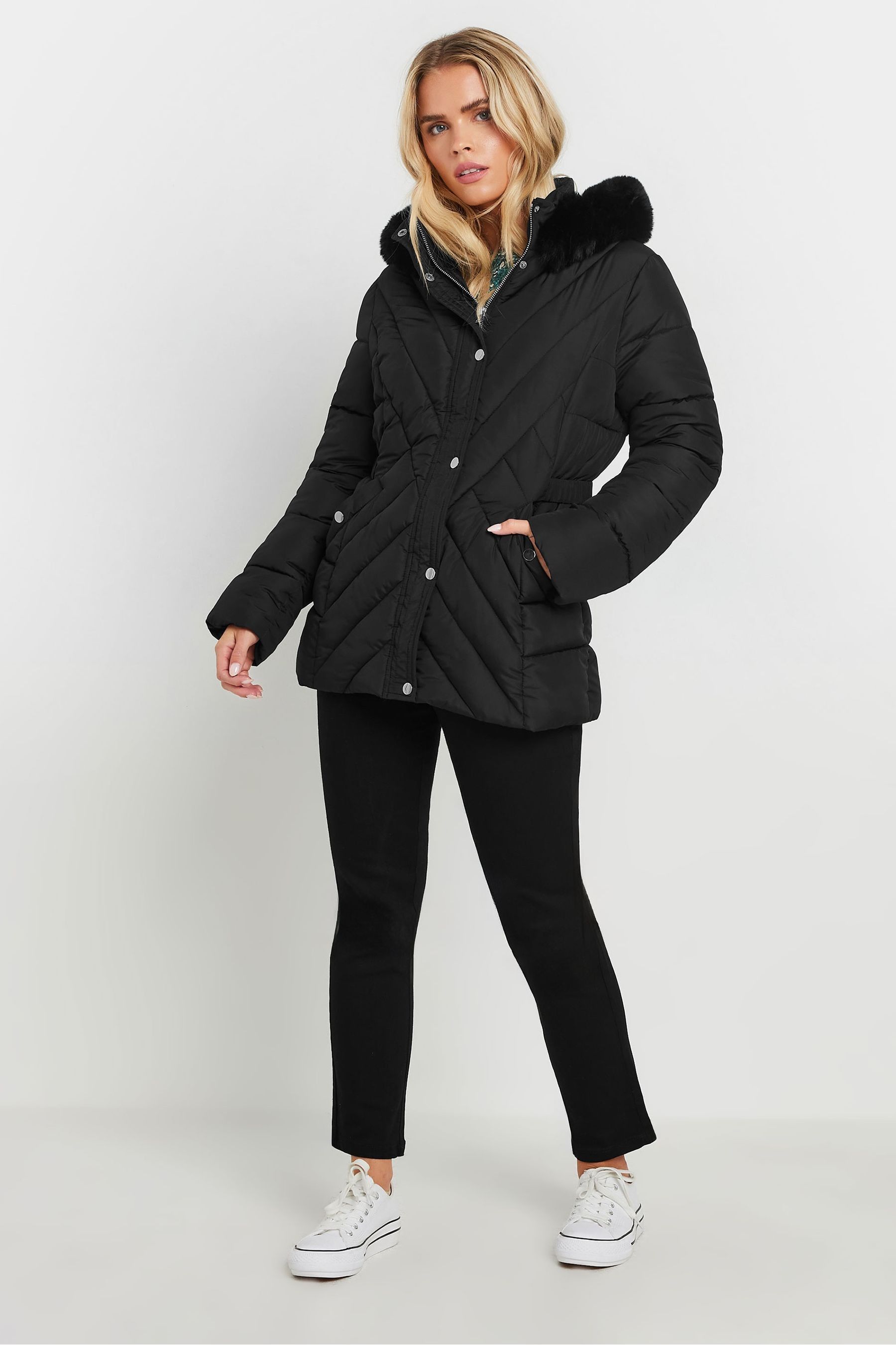 M Co Black Petite Quilted Faux Fur Hooded Coat