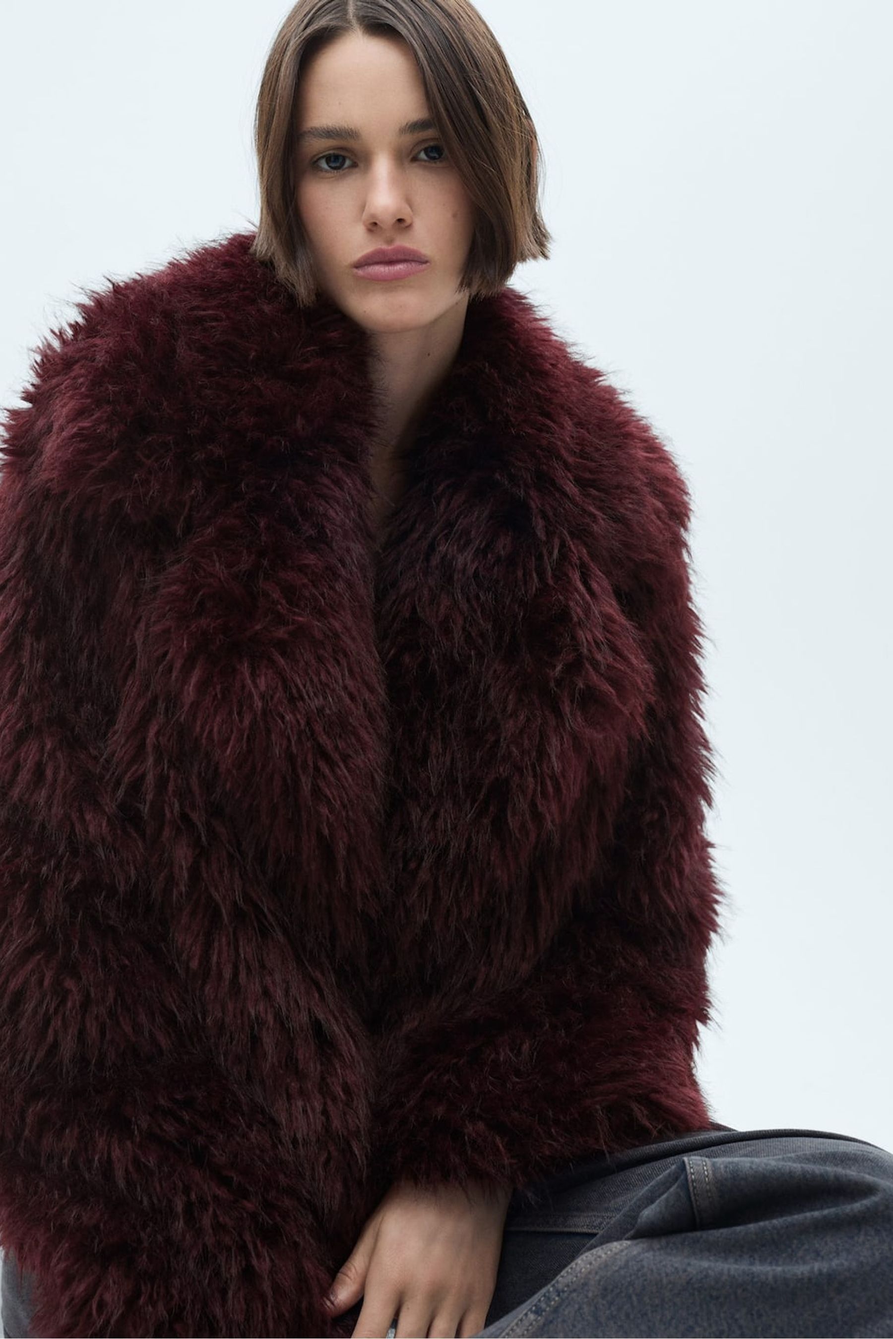 Mango shaggy faux fur coat in grey clearance