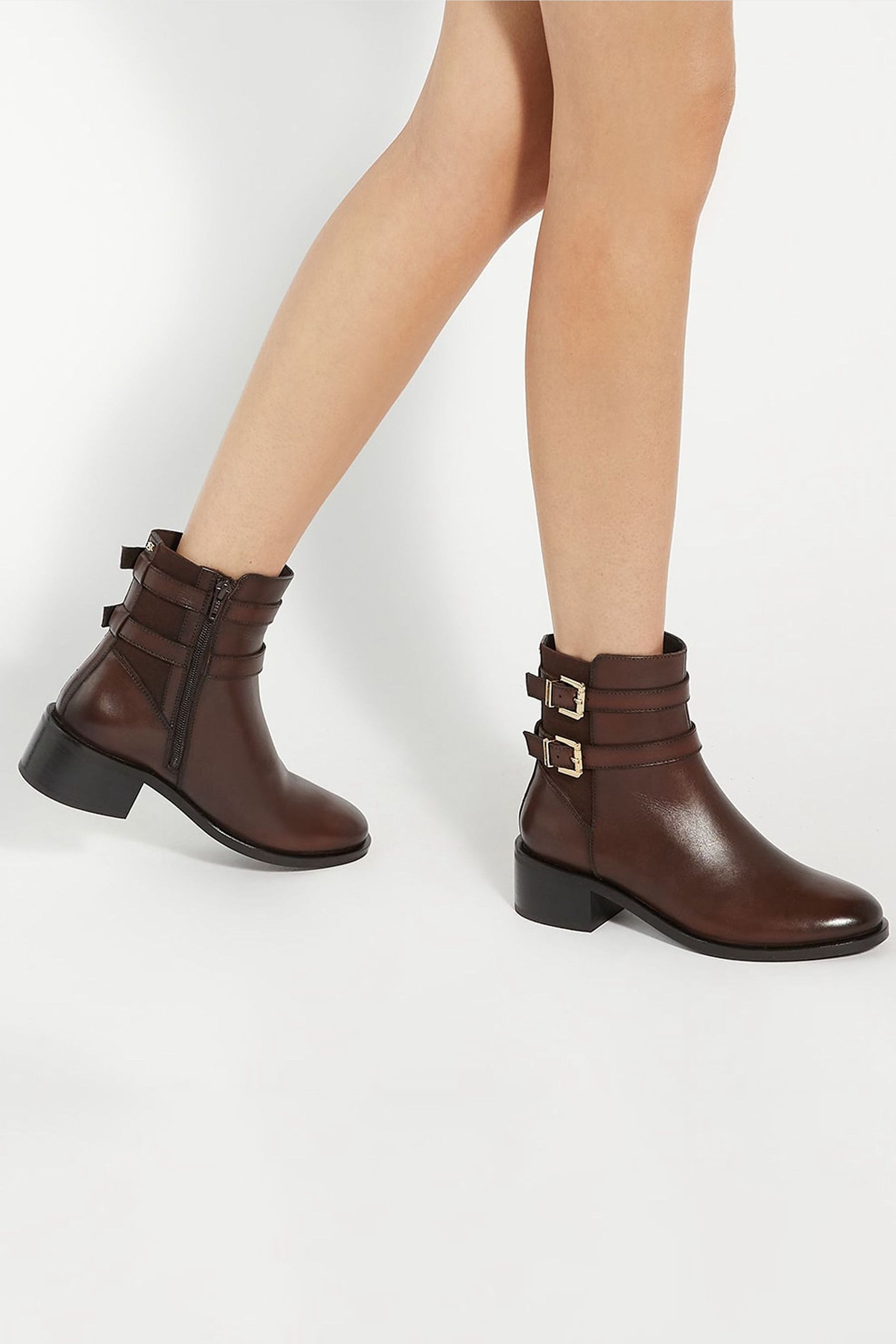 Buy Dune London Brown Patter Double Buckle Low Block Heel Boots from Next Luxembourg