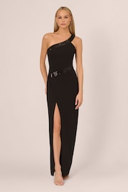 Adrianna Papell Knit Crepe One Shoulder Black Gown - Image 1 of 7