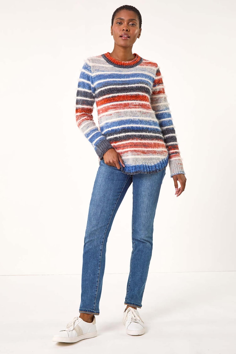 Roman Blue Fluffy Striped Curve Hem Jumper - Image 1 of 4