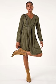 Roman Green Ditsy Lace Trim V-Neck Frill Dress - Image 1 of 4