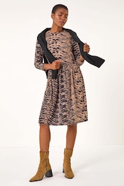 Roman Brown Animal Print Ribbed Gathered Waist Dress - Image 1 of 5