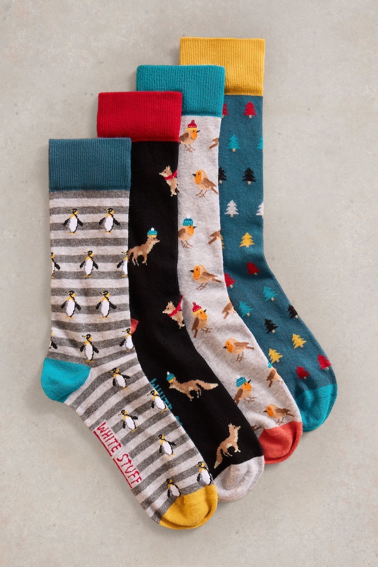 White Stuff Blue Winter Animal Socks 4 Pack - Image 1 of 4